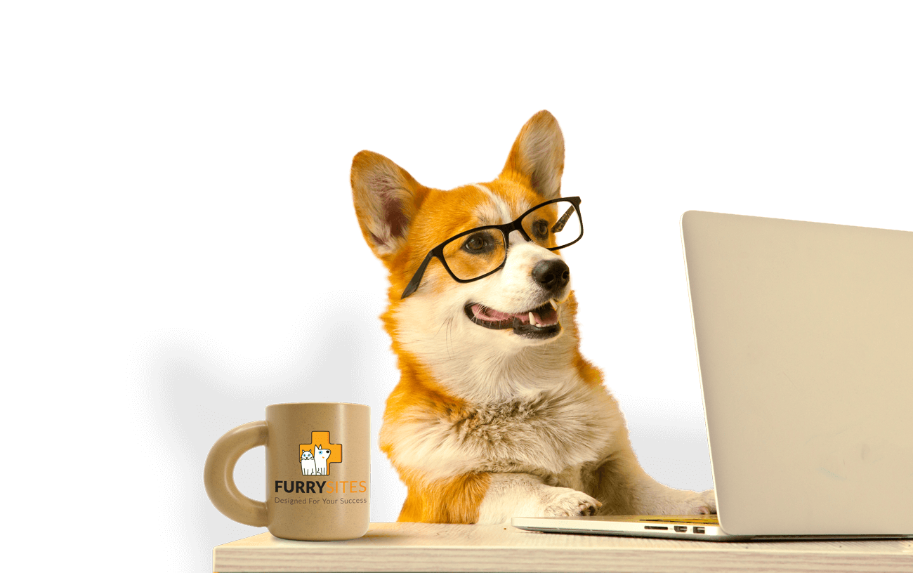 dog with coffee and computer